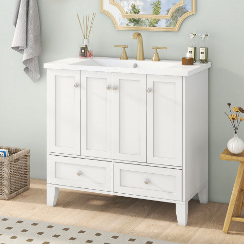 36'' Bathroom Vanity with Resin Sink Combo – Freestanding Solid Wood Frame Storage Cabinet with 4 Soft Closing Doors & 2 Drawers (White)