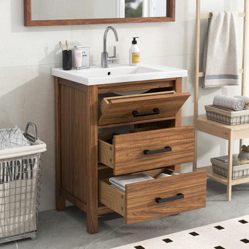 24'' Bathroom Vanity with Ceramic Basin Sink – Freestanding, Modern Storage Cabinet with 3 Drawers