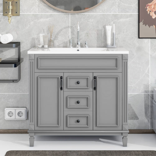 36'' Bathroom Vanity with Top Sink – Modern Storage Cabinet with 2 Soft-Closing Doors & 2 Drawers, Single Sink Vanity (Grey)