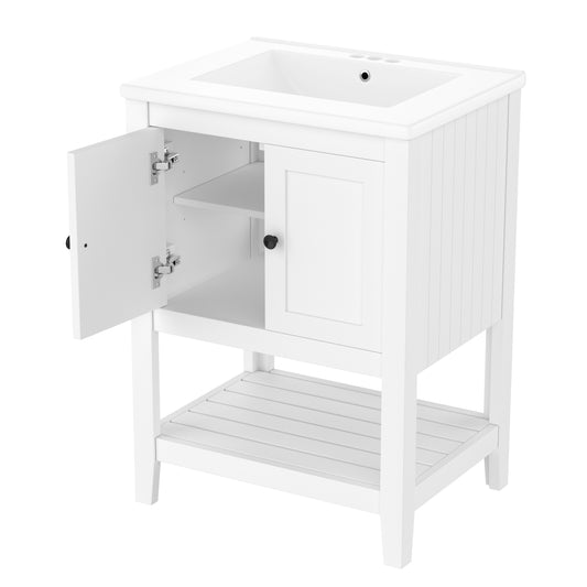 24 White Modern Sleek Bathroom Vanity Elegant Ceramic Sink With Solid Wood Frame Open Style Shelf
