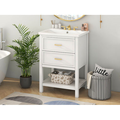 24" Bathroom Vanity with Top Sink – Modern White & Gold Storage Cabinet with 2 Drawers