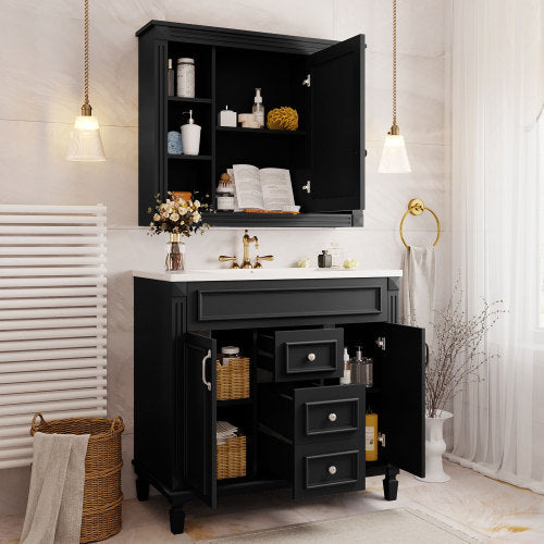 36'' Bathroom Vanity with Top Sink – Royal Blue Mirror Cabinet, Modern Storage with 2 Soft-Closing Doors & Drawers, Single Sink Vanity