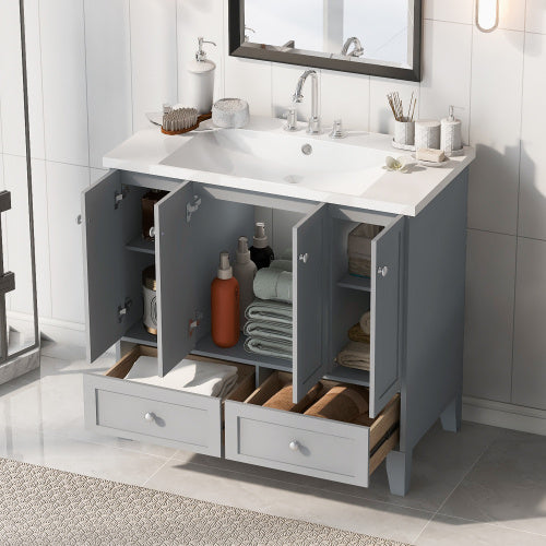 36'' Bathroom Vanity with Resin Sink Combo – Freestanding Solid Wood Frame Vanity Set with 4 Soft Closing Doors & 2 Drawers