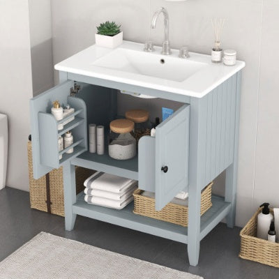 30 Modern Sleek Bathroom Vanity Elegant Ceramic Sink With Solid Wood Frame Open Style Shelf Door Shelf Design