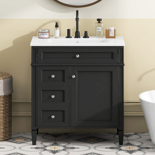 30" Bathroom Vanity with Top Sink – Modern Storage Cabinet with 2 Drawers and a Tip-out Drawer
