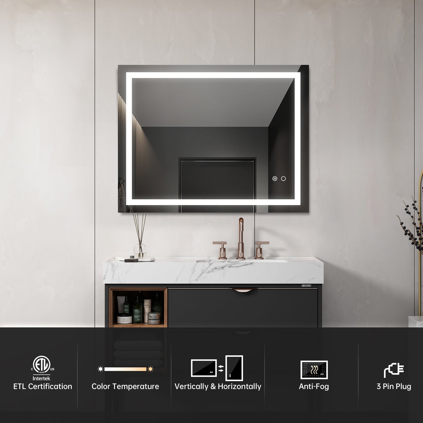 LED Bathroom Mirror with Touch Button Control – Adjustable Color Temperature, Anti-Fog, Dimmable Light
