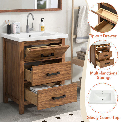 24'' Bathroom Vanity with Ceramic Basin Sink – Freestanding, Modern Storage Cabinet with 3 Drawers