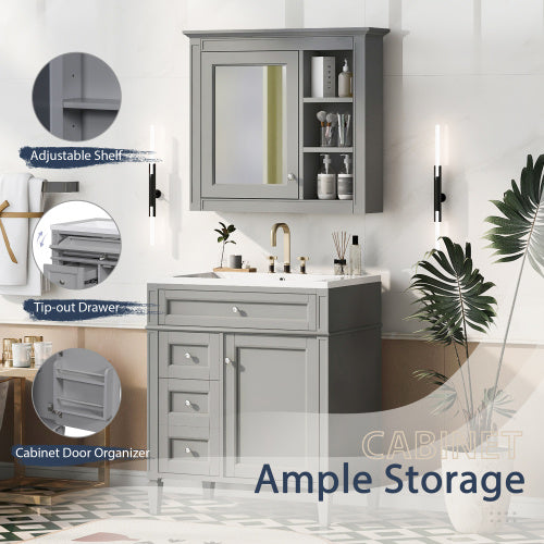 30'' Bathroom Vanity With Top Sink, Modern Bathroom Storage Cabinet With 2 Drawers And A Tip-out Drawer, Freestanding Vanity Set With Mirror Cabinet, Single Sink Bathroom Vanity