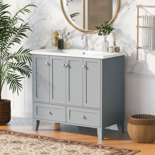 36'' Bathroom Vanity with Resin Sink Combo – Freestanding Solid Wood Frame Vanity Set with 4 Soft Closing Doors & 2 Drawers