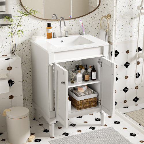 24" Bathroom Vanity with Top Sink – 2-Tier Modern Storage Cabinet, Large Shelves & Clean Lines