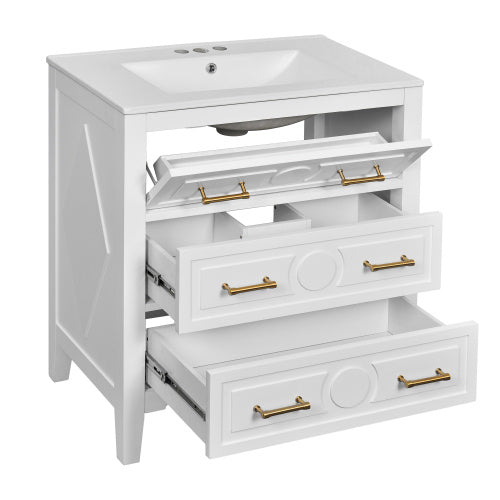 30'' Bathroom Vanity With Ceramic Sink Combo, Free Standing Single Vanity Set With 3 Drawers, Solid Wood Frame Bathroom Storage Cabinet, White