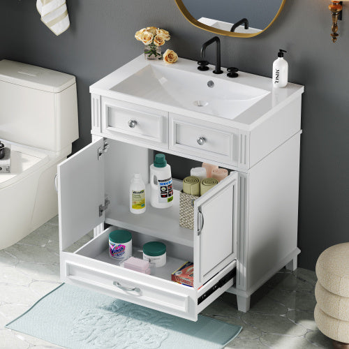 30'' Bathroom Vanity with Resin Sink – Solid Wood Frame, Soft Closing Doors, Retro Style, White