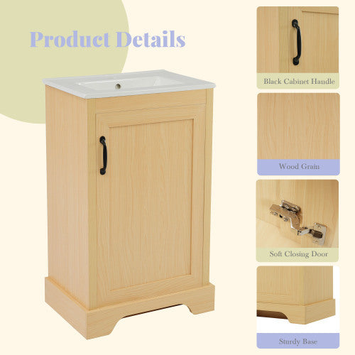 20  Bathroom Vanity With Sink, Bathroom Cabinet With Soft Closing Door, Storage Rack And Adjustable Shelve, Natural Wood