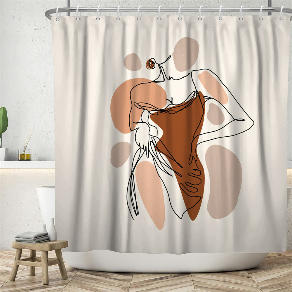 Hand-Drawn Woman Geometric Line Illustration Shower Curtain – Premium Polyester