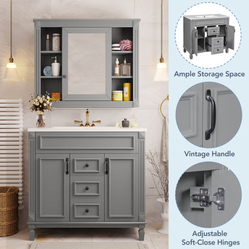 36'' Bathroom Vanity with Top Sink – Royal Blue Mirror Cabinet, Modern Storage with 2 Soft-Closing Doors & Drawers, Single Sink Vanity