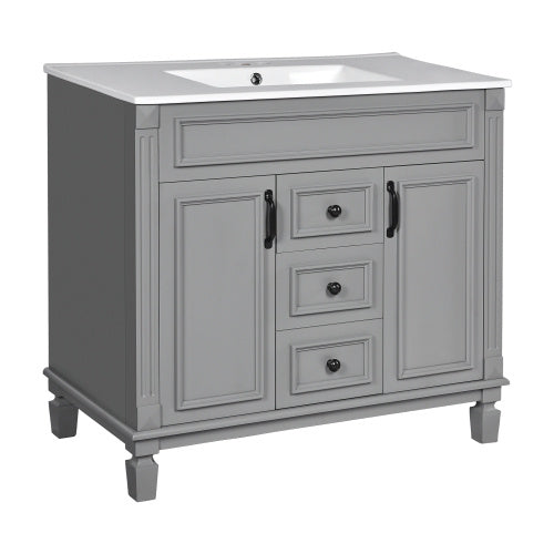 36'' Bathroom Vanity with Top Sink – Modern Storage Cabinet with 2 Soft-Closing Doors & 2 Drawers, Single Sink Vanity (Grey)