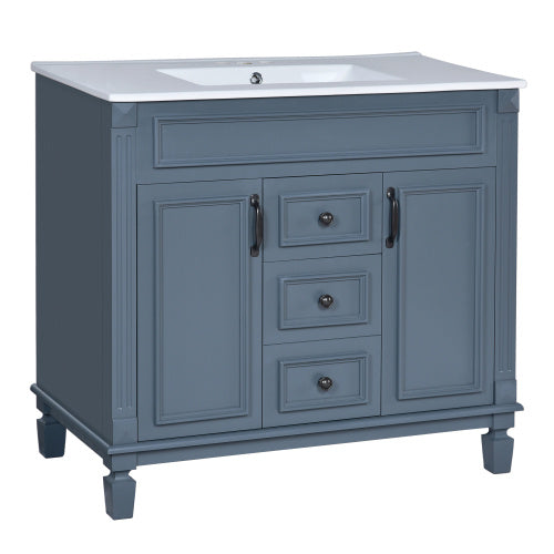 36'' Bathroom Vanity with Top Sink – Royal Blue Mirror Cabinet, Modern Storage with 2 Soft-Closing Doors & Drawers, Single Sink Vanity