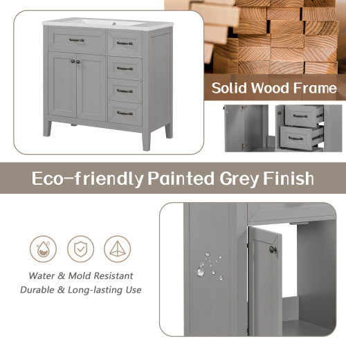 36 Bathroom Vanity With Sink Combo, Gray Bathroom Cabinet With Drawers, Solid Frame And MDF Board