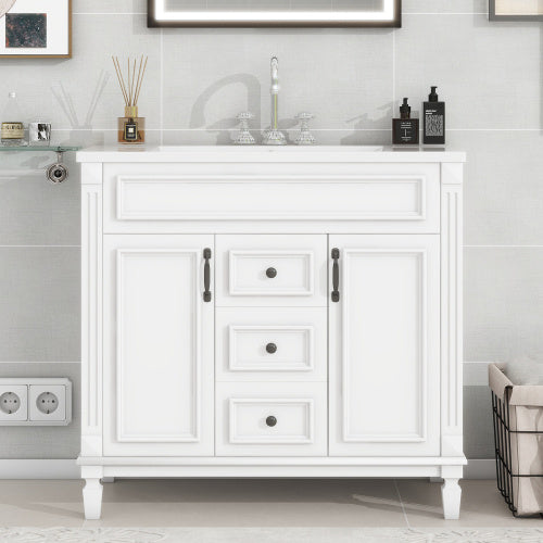 36'' Bathroom Vanity with Top Sink – Modern Storage Cabinet with 2 Soft-Closing Doors & 2 Drawers, Single Sink Vanity (White)