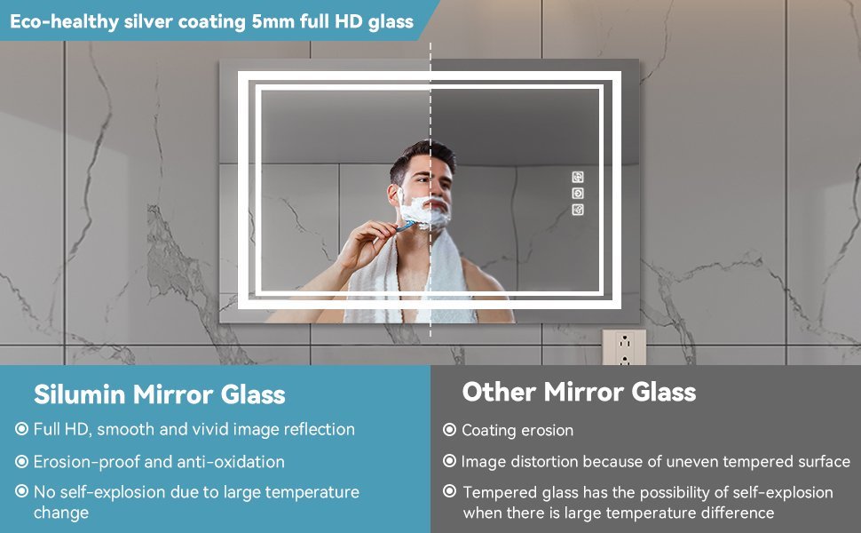 Bright LED Bathroom Mirror Front Light, 5 Mins Defog, Full HD Reflected, 3 Colors Dimmable, Wall Mounted