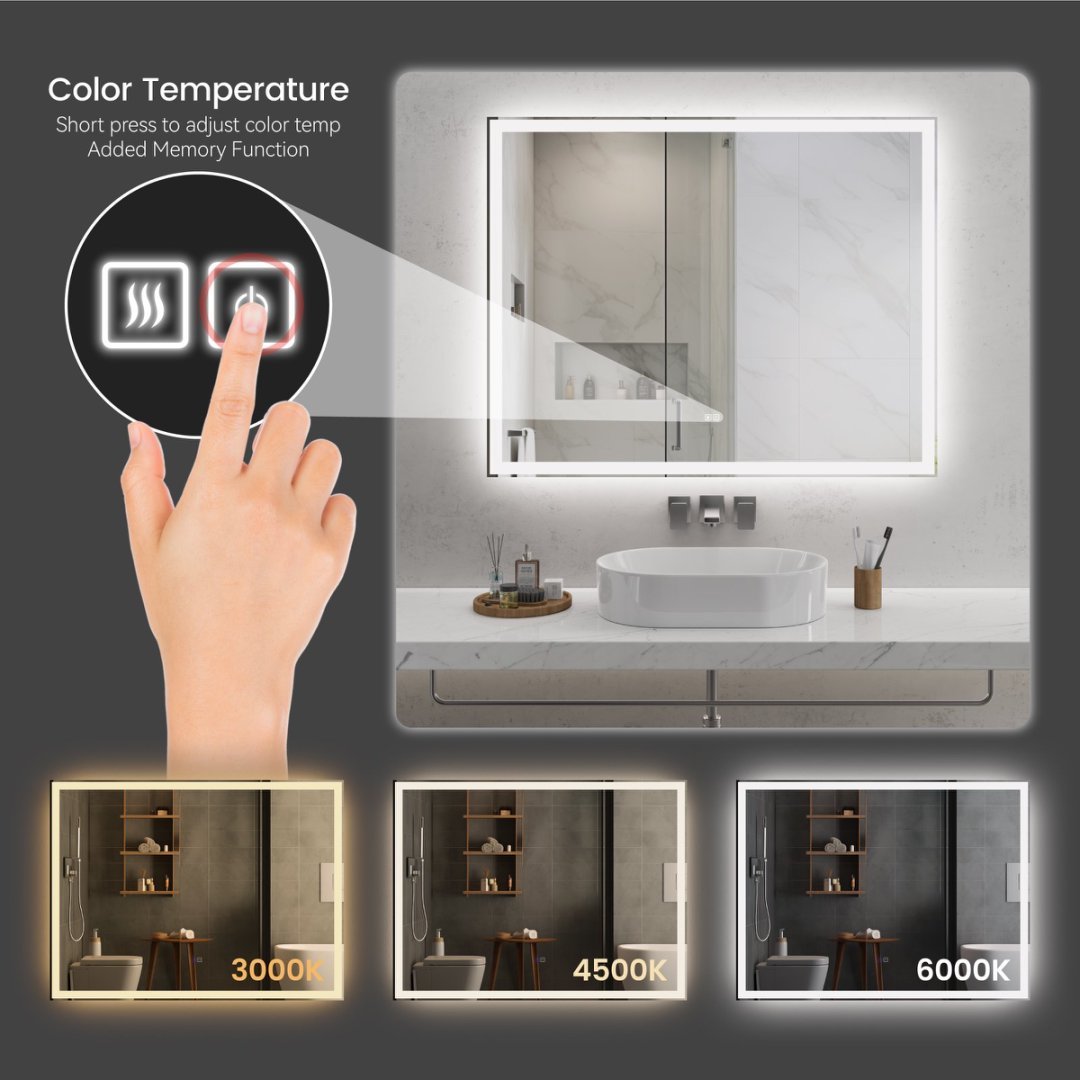 Modern LED Smart Mirror – Rectangular, Front & Back Lit, 3-Color Adjustable with Anti-Fog, Memory Function, and Time Mode Control