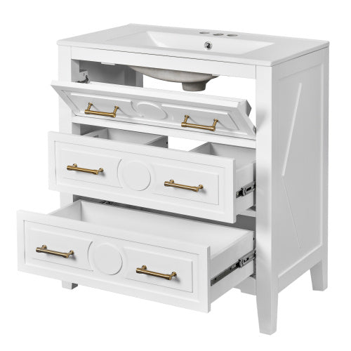 30'' Bathroom Vanity With Ceramic Sink Combo, Free Standing Single Vanity Set With 3 Drawers, Solid Wood Frame Bathroom Storage Cabinet, White