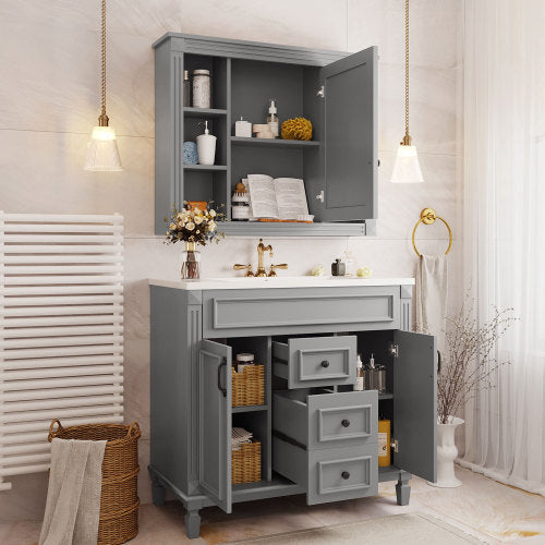 36'' Bathroom Vanity with Top Sink – Royal Blue Mirror Cabinet, Modern Storage with 2 Soft-Closing Doors & Drawers, Single Sink Vanity