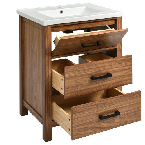 24'' Bathroom Vanity with Ceramic Basin Sink – Freestanding, Modern Storage Cabinet with 3 Drawers