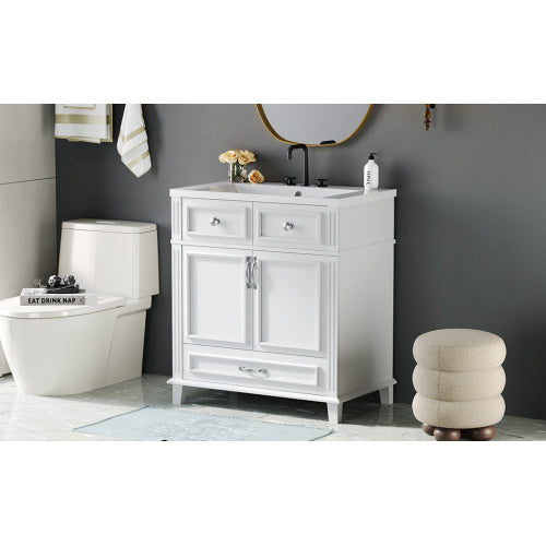 30'' Bathroom Vanity with Resin Sink – Solid Wood Frame, Soft Closing Doors, Retro Style, White