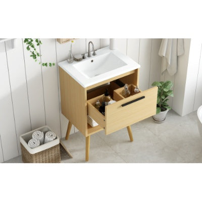 24 Bathroom Vanity With Sink Combo, Multi-functional Bathroom Cabinet With Drawer, MDF Board, Natural