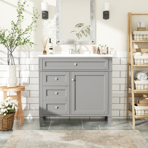 36'' Bathroom Vanity with Top Sink – Modern Storage Cabinet with 2 Drawers & Tip-Out Drawer, Single Sink Vanity