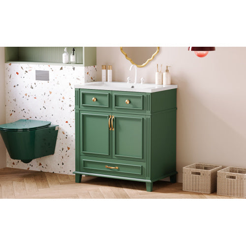 30'' Bathroom Vanity with Resin Sink – Solid Wood Frame, Soft Closing Doors, Retro Style, Green