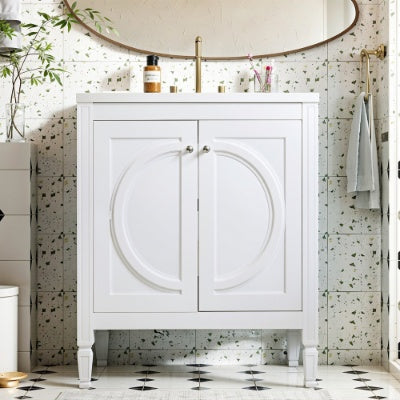 30 No Assembly Needed Vintage White Bathroom Vanity With Ceramic Sink,Two Soft Close Doors Adjustable Shelf,Modern Farmhouse Style