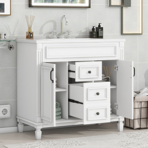 36'' Bathroom Vanity with Top Sink – Modern Storage Cabinet with 2 Soft-Closing Doors & 2 Drawers, Single Sink Vanity (White)