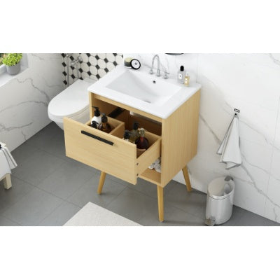 24 Bathroom Vanity With Sink Combo, Multi-functional Bathroom Cabinet With Drawer, MDF Board, Natural