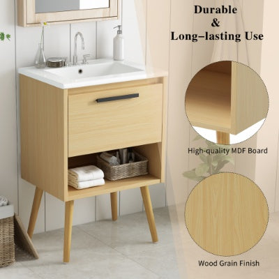 24 Bathroom Vanity With Sink Combo, Multi-functional Bathroom Cabinet With Drawer, MDF Board, Natural