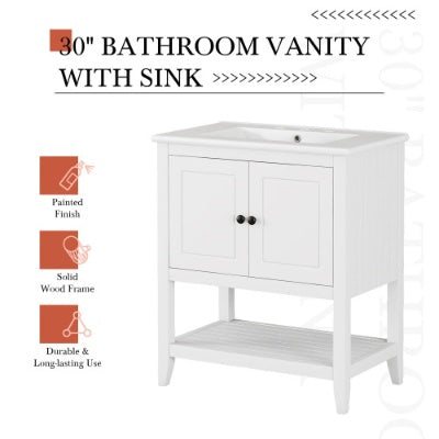 30 Modern Sleek Bathroom Vanity Elegant Ceramic Sink With Solid Wood Frame Open Style Shelf Door Shelf Design