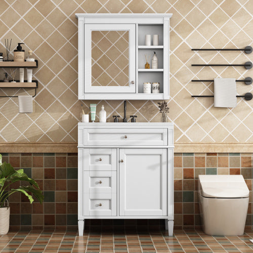 30'' Bathroom Vanity With Top Sink, Modern Bathroom Storage Cabinet With 2 Drawers And A Tip-out Drawer, Freestanding Vanity Set With Mirror Cabinet, Single Sink Bathroom Vanity