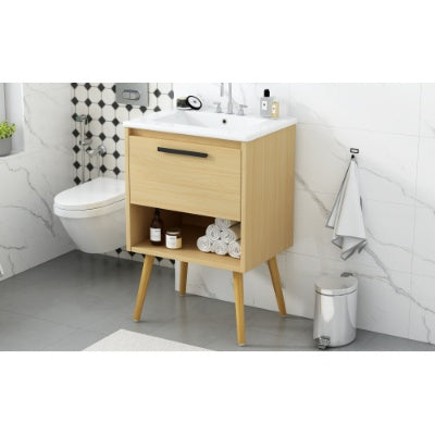 24 Bathroom Vanity With Sink Combo, Multi-functional Bathroom Cabinet With Drawer, MDF Board, Natural