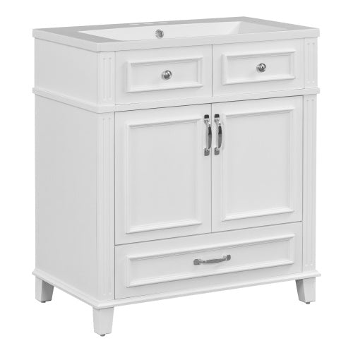 30'' Bathroom Vanity with Resin Sink – Solid Wood Frame, Soft Closing Doors, Retro Style, White