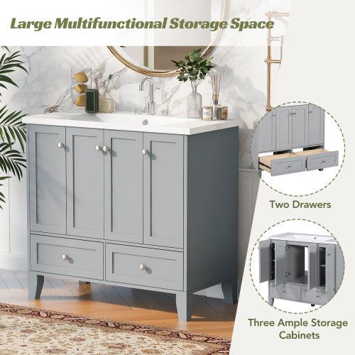 36'' Bathroom Vanity with Resin Sink Combo – Freestanding Solid Wood Frame Vanity Set with 4 Soft Closing Doors & 2 Drawers