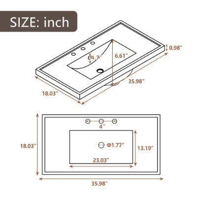 36 Bathroom Vanity With Ceramic Basin, Two Cabinets And Five Drawers, Solid Wood Frame, Grey