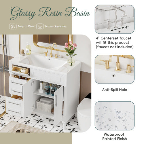 36'' Bathroom Vanity With Top Resin Sink, Freestanding Bathroom Storage Cabinet With 2 Drawers And A Tip-out Drawer, Solid Wood Frame Vanity Set, Height Adjustable Shelf