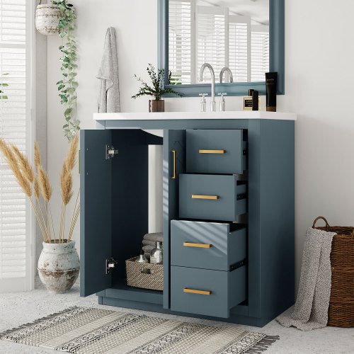 30'' Bathroom Vanity with Ceramic Sink Combo, Solid Wood Frame Bathroom Storage Cabinet, Freestanding Vanity Set with 3 Drawers & Soft Closing Doors