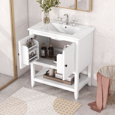 30 Modern Sleek Bathroom Vanity Elegant Ceramic Sink With Solid Wood Frame Open Style Shelf  Door Shelf Design