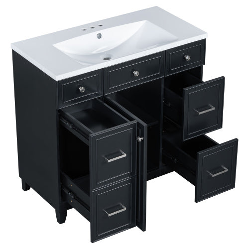 36" Bathroom Vanity Cabinet with Sink Top Combo Set – Black Shaker Design with Soft Closing Doors and 3 Drawers