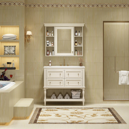 36'' Bathroom Vanity With Medicine Cabinet, Modern Mirror Cabinet With Adjustable Shelf, Bathroom Storage Cabinet With 4 Drawers, Solid Wood Frame Bathroom Storage Cabinet