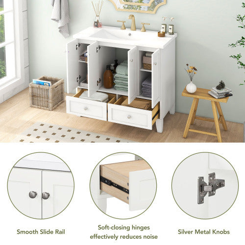 36'' Bathroom Vanity with Resin Sink Combo – Freestanding Solid Wood Frame Storage Cabinet with 4 Soft Closing Doors & 2 Drawers (White)