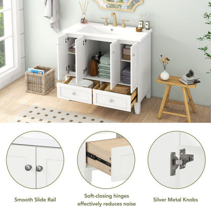 36'' Bathroom Vanity with Resin Sink Combo – Freestanding Solid Wood Frame Storage Cabinet with 4 Soft Closing Doors & 2 Drawers (White)