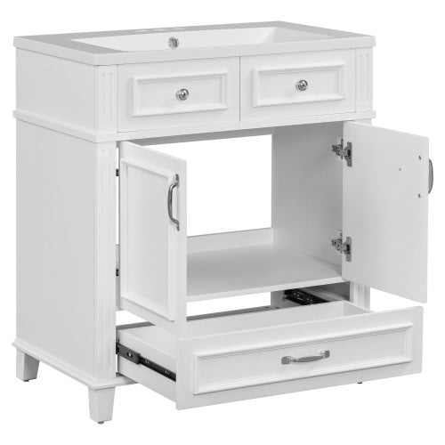 30'' Bathroom Vanity with Resin Sink – Solid Wood Frame, Soft Closing Doors, Retro Style, White